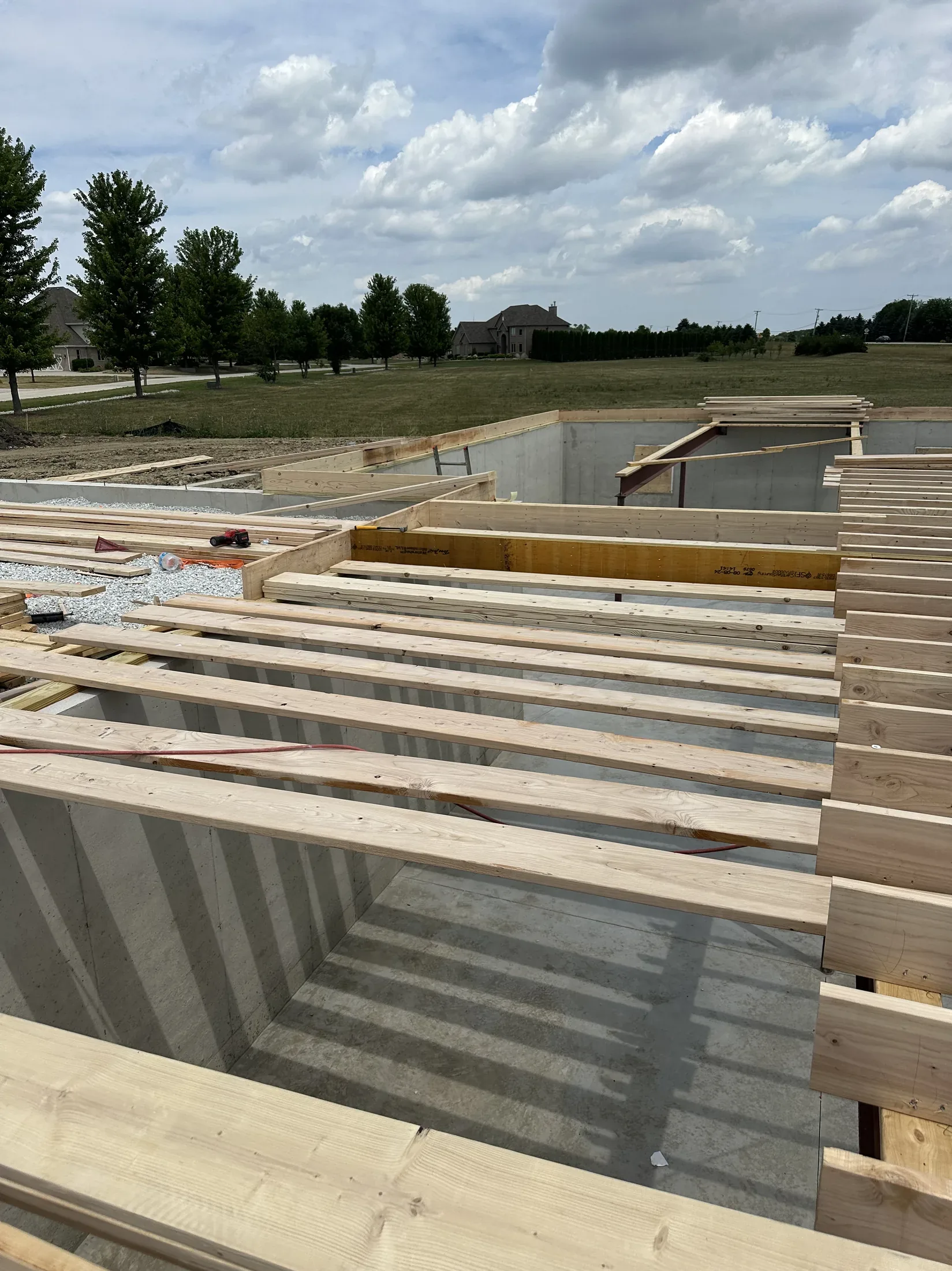 Floor joists installed during structural framing